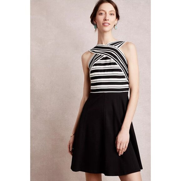 MAEVE Anthropologie Black & White Striped Fit & Flar Crosswise Flare Dress 0 - Picture 1 of 9